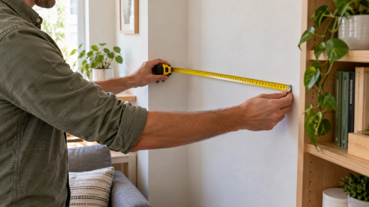 Persona midiendo el espacio de pared antes de instalar una estantería