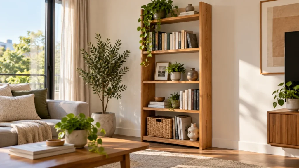 Estantería de madera en un salón con libros organizados según peso y altura
