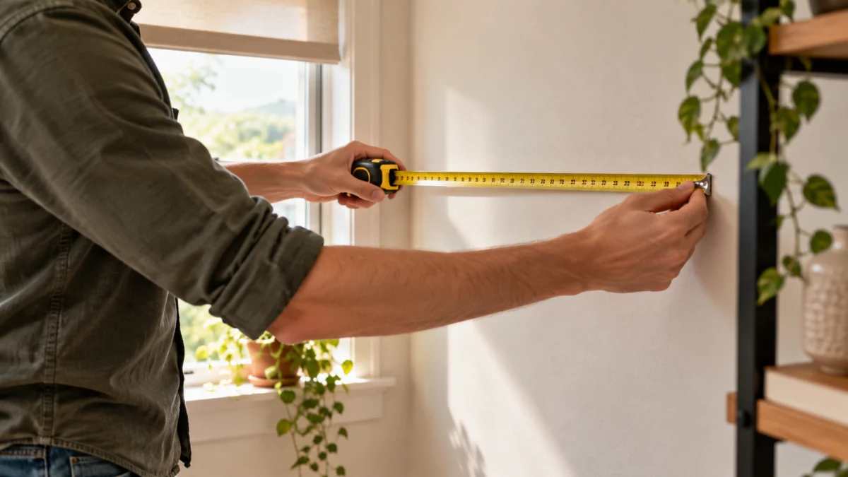 Persona midiendo el espacio de pared antes de elegir una estantería