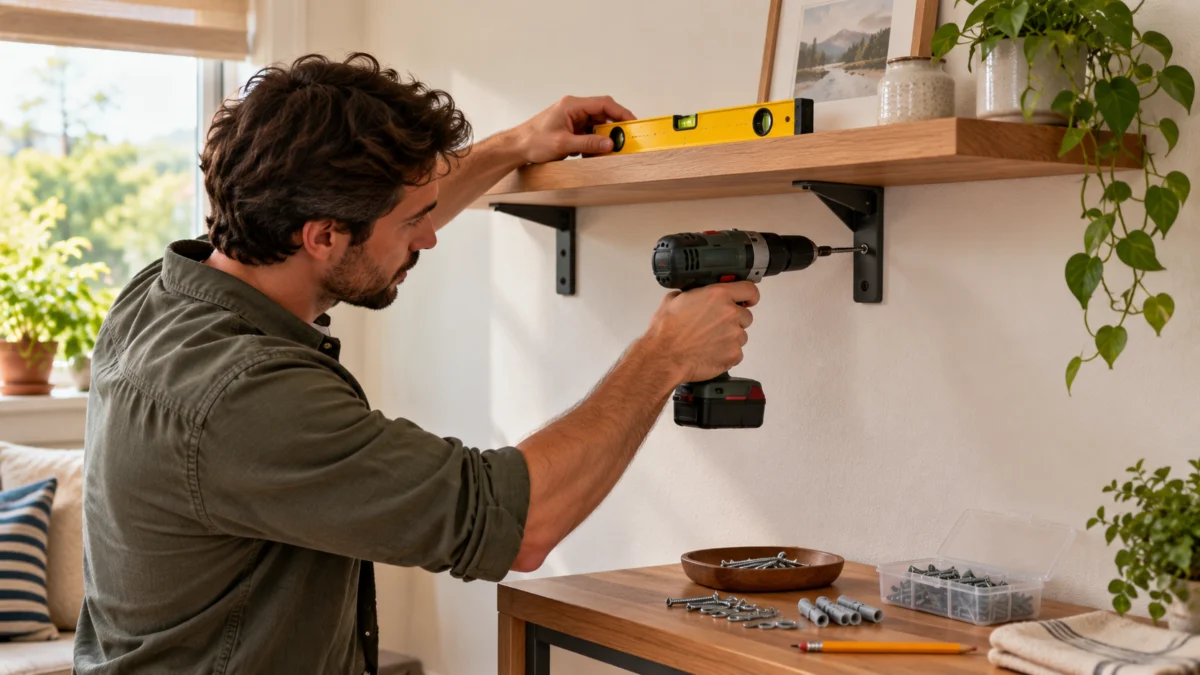 Persona instalando una estantería de pared con taladro y nivel