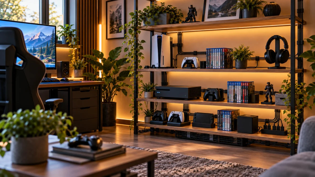 Gestión de cables en una estantería gaming
